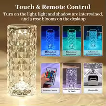 16‑Color LED Crystal Table Lamp – Touch & Remote, USB Rechargeable Diamond Atmosphere Light
